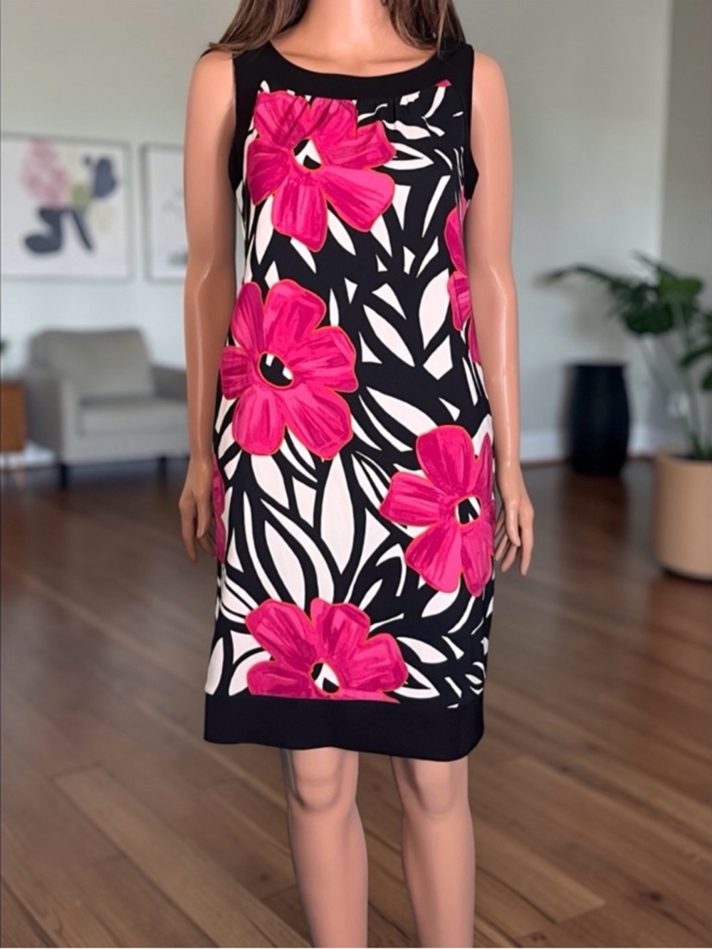 Dressbarn Floral Shift Dress Size 6 Black Pink Sleeveless Pockets - Picture 8 of 8